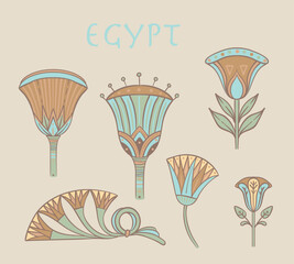 Egyptian floral colorful design element set isolated on white. Lotus flower, vector sign, symbol, logo illustration. Spirituality, occultism, chemistry, flower tattoo.