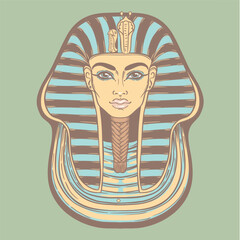 King Tutankhamun mask, ancient Egyptian pharaoh. Hand-drawn vintage vector outline illustration. Tattoo flash, t-shirt or poster design, postcard, coloring book page. Egypt history. - 779002956