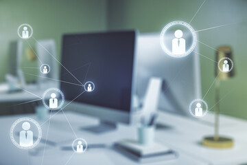 Double exposure of social network icons concept with modern laptop on background. Marketing and promotion concept