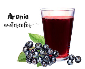 Watercolor illustration of aronia chokeberry berries and juice close up. Design template for packaging, menu, postcards. PNG