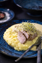 Pork tenderloin with mushroom sauce and mashed potatoes