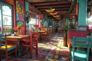 Fototapeta na wymiar Colorful Mexican restaurant interior with tables, chairs, and decorations
