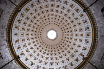 Canova Temple of Possagno, home to the tomb of Canova, his hometown. World-famous sculptor, neoclassical style temple, colonnade, precious decorations. Phanteon shape with coffered ceiling and oculus.