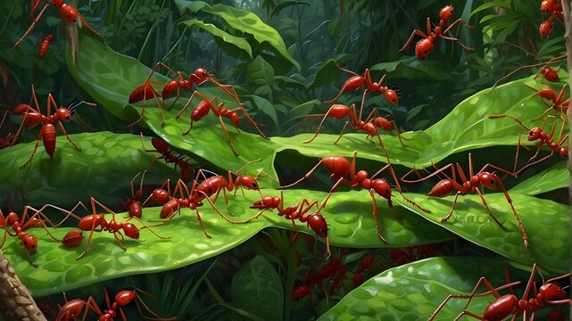 "A bustling colony of red ants scurrying through the lush forests of Banten, Indonesia, their vibrant bodies standing out against the green foliage. Rendered in a realistic style, with intricate detai