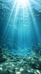 Fototapeta na wymiar Underwater Ocean Scene With Sun Rays Shining Through