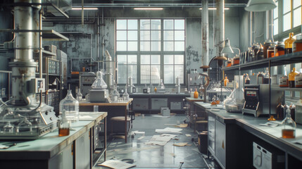 A sophisticated chemical research laboratory with fume hoods and analytical instruments, temporarily unoccupied but ready to discover new chemical compounds