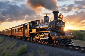Black steam locomotive with red passenger cars running through the countryside at sunset