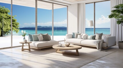Modern coastal living room with large windows overlooking the ocean