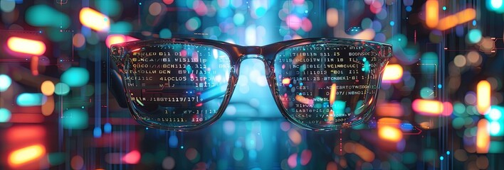 Smart glasses featuring a futuristic technology digital backdrop, alongside VR/AR goggles - obrazy, fototapety, plakaty