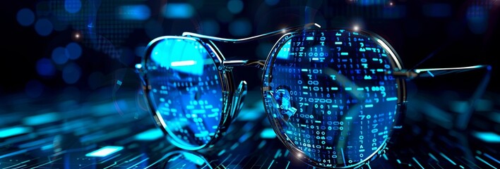 Smart glasses featuring a futuristic technology digital backdrop, alongside VR/AR goggles - obrazy, fototapety, plakaty
