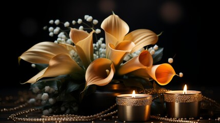Elegant orange calla lilies with white baby's breath and burning candles on a black background