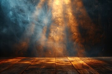 Mystical fog dancing over wooden board - obrazy, fototapety, plakaty