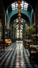 Fototapeta na wymiar Luxury restaurant interior with green walls, tiled floor, and arched ceiling