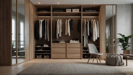 luxury scandinavian wood walk in closet with wardrobe