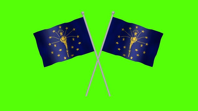 Flag of Indiana, Cross table flag of Indiana on Green screen chroma key, USA States Indiana 3D Animation flag waving in the wind isolated on Green Background.

