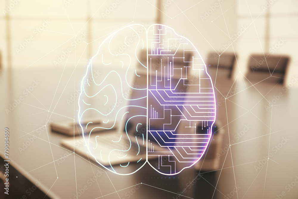 Aufkleber double exposure of creative artificial intelligence symbol with modern laptop on background. neural 