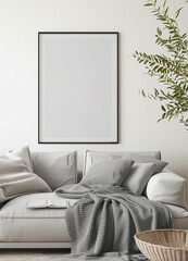 mock up poster frame in modern interior, living room, Scandinavian style, 3D render, 3D illustration
