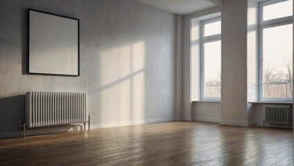 Obraz premium Empty Minimalistic room with white aluminum radiator and laminate floor