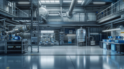 Obraz premium A cutting-edge renewable energy research center with testing chambers and experimental systems, momentarily quiet but ready to innovate in the field of clean energy