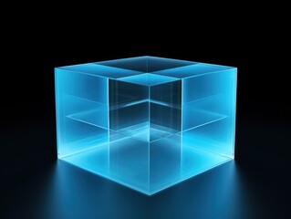 Sky Blue glass cube abstract 3d render, on black background with copy space minimalism design for text or photo backdrop 