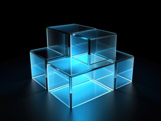 Sky Blue glass cube abstract 3d render, on black background with copy space minimalism design for text or photo backdrop 