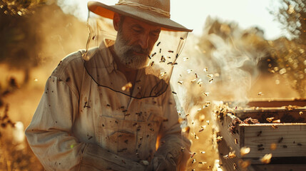 A beekeeper is working with a hive of bees - obrazy, fototapety, plakaty