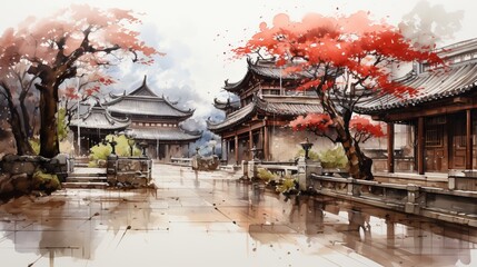 Chinese courtyard with red trees and stone bridge