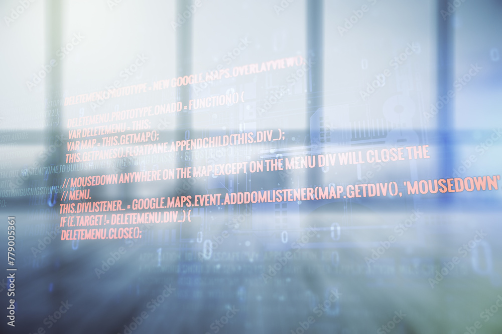 Poster double exposure of abstract programming language interface on empty modern office background, resear