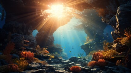Underwater cave with colorful coral and fish - obrazy, fototapety, plakaty