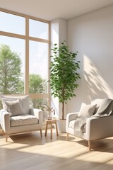 Two white armchairs in a bright living room with a large tree