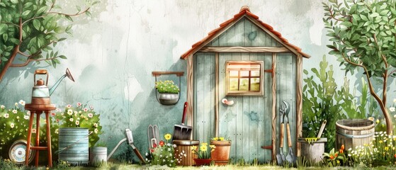 Watercolor painting of a garden shed surrounded by tools and plants, in a rustic style
