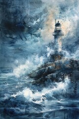 Watercolor painting of a lighthouse at sea, with crashing waves and stormy skies
