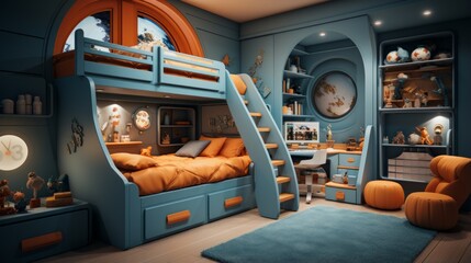 A bedroom with a bunk bed, a desk, and a lot of toys - obrazy, fototapety, plakaty