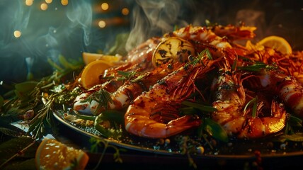 Obraz na płótnie Canvas A sumptuous platter of freshly grilled seafood, adorned with vibrant herbs and citrus slices, glistening under perfect lighting that enhances every detail. 