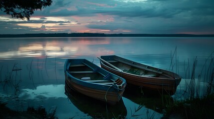Naklejka na ściany i meble Twin boat at lake in Twilight after sunset 