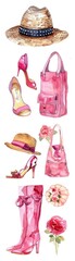 Watercolor fashion accessories illustration, featuring hats, bags, and shoes