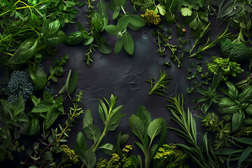 Naklejka premium Minimalist flat lay arrangement of assorted fresh herbs, offering versatility and simplicity for culinary concepts