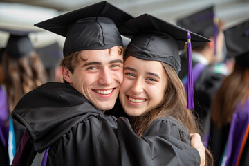 Joyful graduates sharing a hug on their graduation day, celebrating their academic journey.