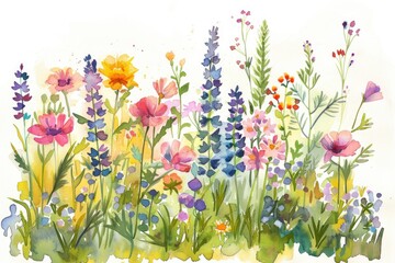 Watercolor illustration of a cottage garden, with a wild array of flowers and plants