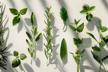 Minimalist flat lay arrangement of assorted fresh herbs, offering versatility and simplicity for culinary concepts