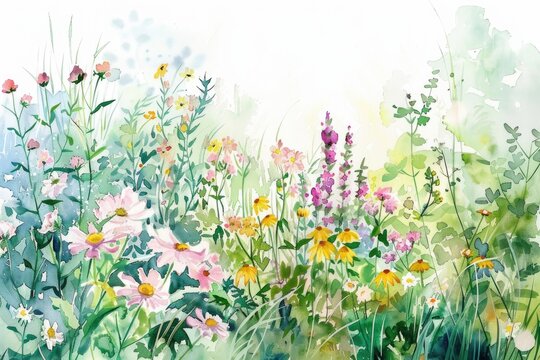 Watercolor illustration of a cottage garden, with a wild array of flowers and plants