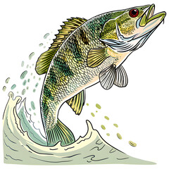 Big bass fish cartoon vector for tshirt design isolated on transparent background