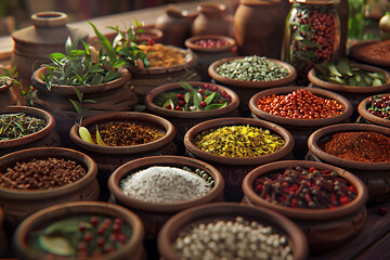 Fototapeta premium A vibrant assortment of spices and herbs, arranged artfully for culinary inspiration and kitchen decor