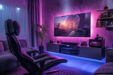 Gaming room with RGB lights monitors gaming chair