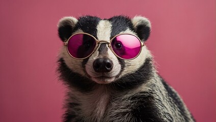 A humorous portrait of a badger wearing oversized pink-tinted sunglasses, captured against a pink background