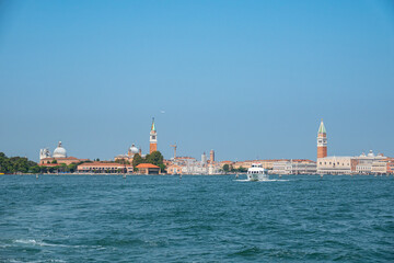 Sea view of the Campanile bell tower on St. Mark's square in center of Venice, Italy - 779006343