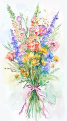 Watercolor painting of a bouquet of wildflowers, loosely tied with a ribbon