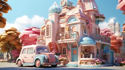 A pink and blue cartoon house with a pink car parked in front of it