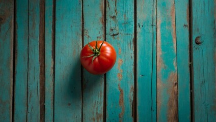 A perfectly ripe tomato stands out against a striking turquoise wooden backdrop, highlighting its freshness and organic quality
