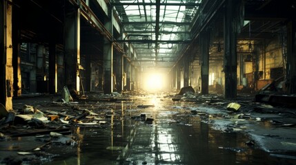 An abandoned factory building with broken windows and debris on the floor - obrazy, fototapety, plakaty